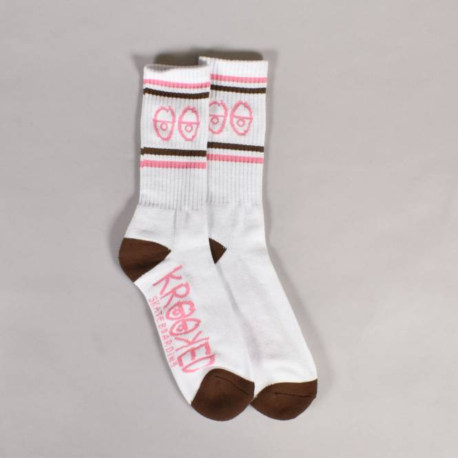 Krooked Skateboards Eyes Socks - White/Brown/Pink